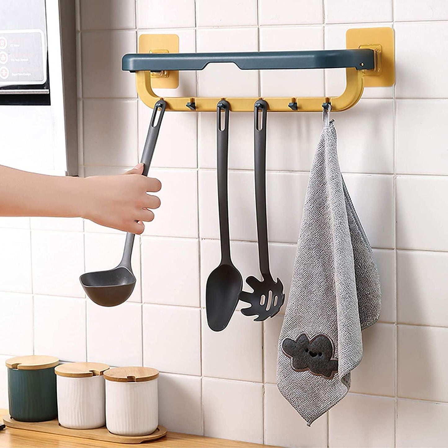 Towel Rack Wall Mounted Double Bar Towel Holder with Hooks Adjustable (Multi Color) (Pack of 2)