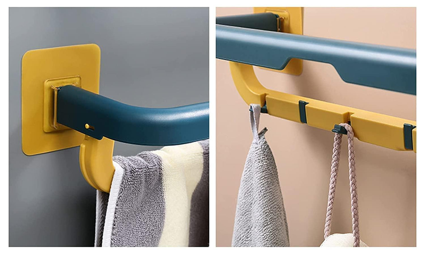 Towel Rack Wall Mounted Double Bar Towel Holder with Hooks Adjustable (Multi Color) (Pack of 2)