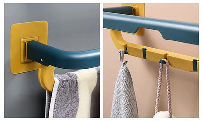 Towel Rack Wall Mounted Double Bar Towel Holder with Hooks Adjustable (Multi Color) (Pack of 2)